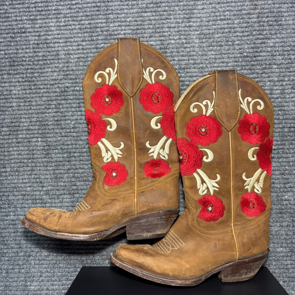 Red Floral Embroidered Leather Western Cowboy Boots Tan Women's Size 6